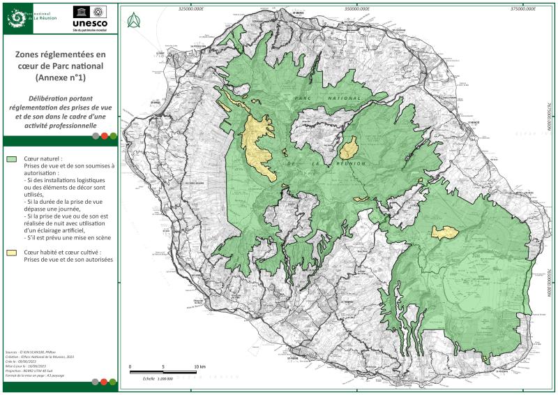 Carte des zones réglementées en coeur du Parc national de La Réunion 