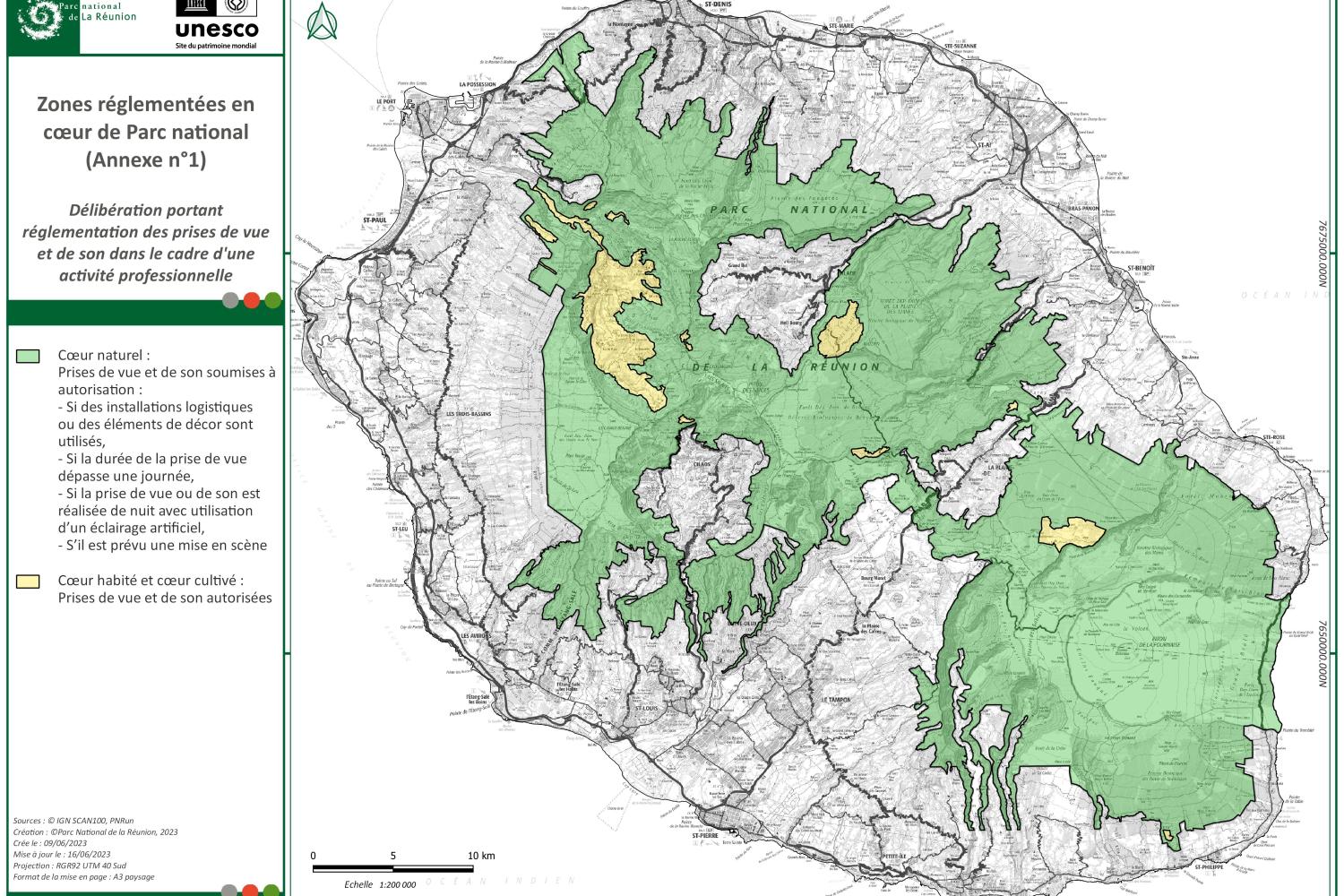 Carte des zones réglementées en coeur du Parc national de La Réunion 